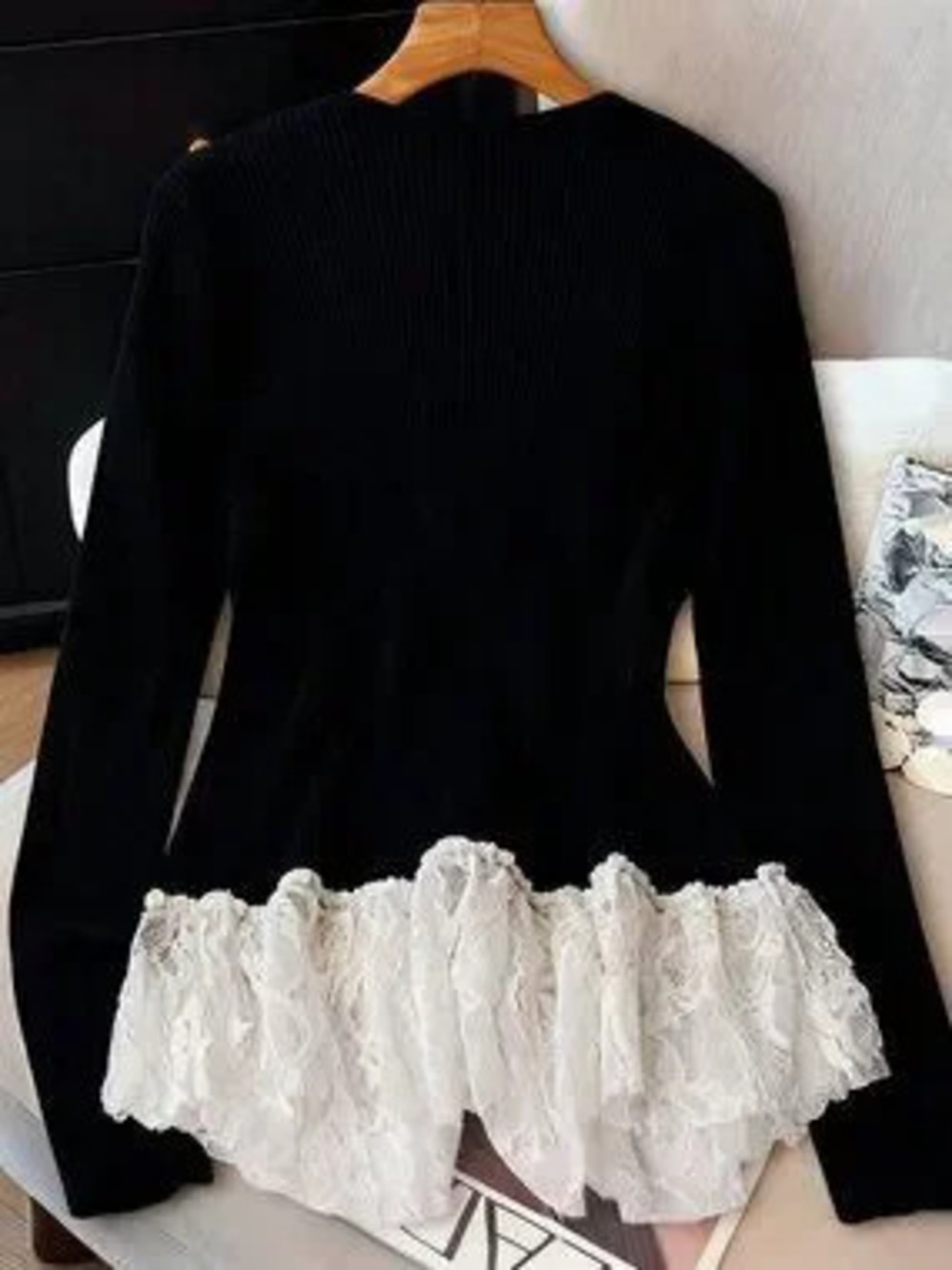 ZARA Black Casual Women's V-Neck Lace Patchwork Knit Sweater